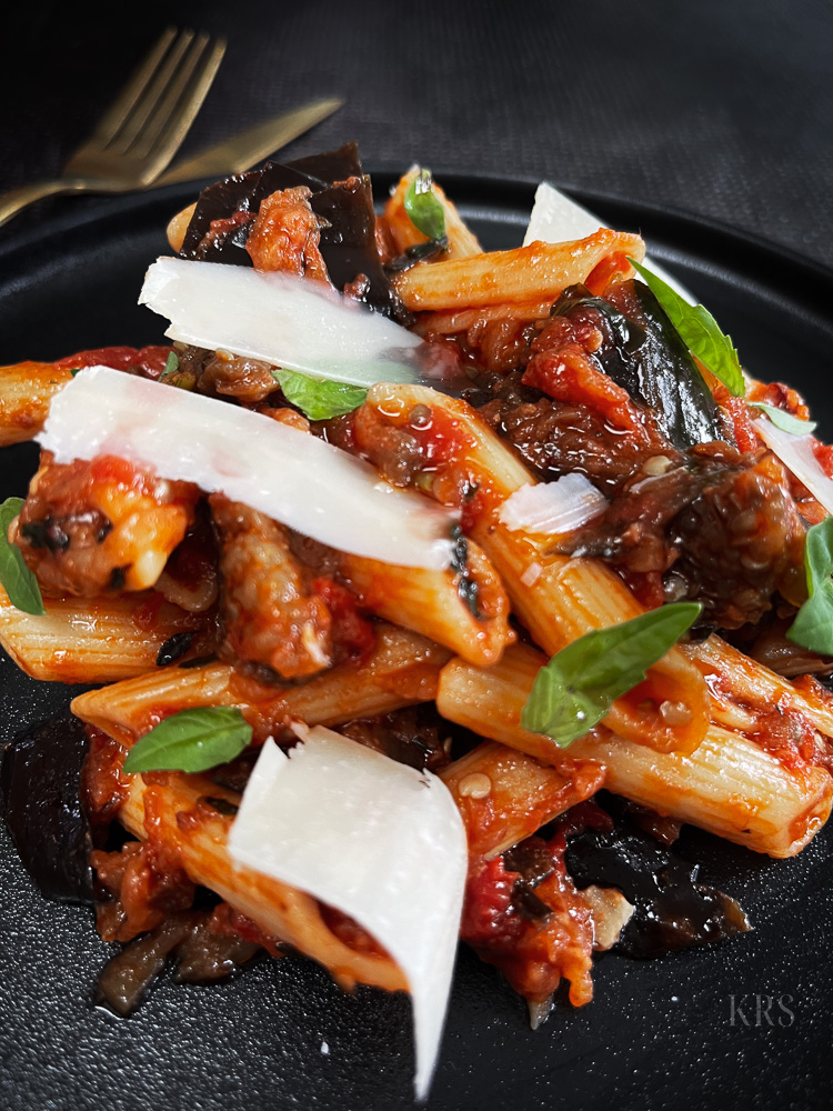 Penne Arrabbiata with roasted aubergine healthy recipe