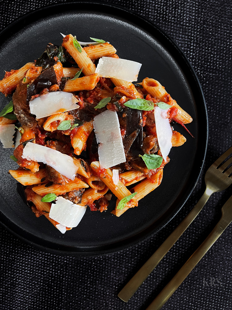 Penne Arrabbiata with roasted aubergine healthy recipe