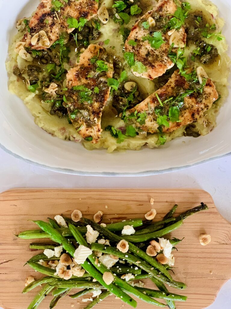 Chicken Piccata Sweet Potato Mash Hazelnut Feta Green Beans Healthy Mediterranean Diet