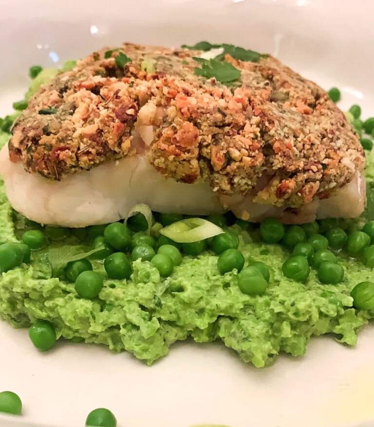 Nut and herb crusted hake with pea mint mash