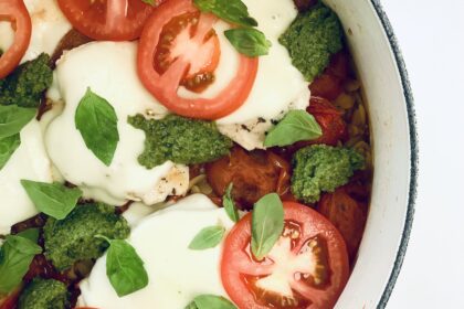 Photo of fresh tomatoes, basil and mozzarella chicken orzo le creuset