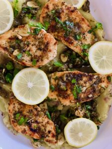 Photo of healthy lemon chicken piccata with sweet potato mash