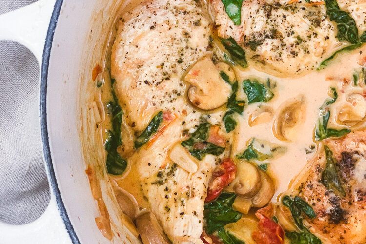 Creamy Tuscan Chicken One Pot Mushroom and Spinach Gluten free