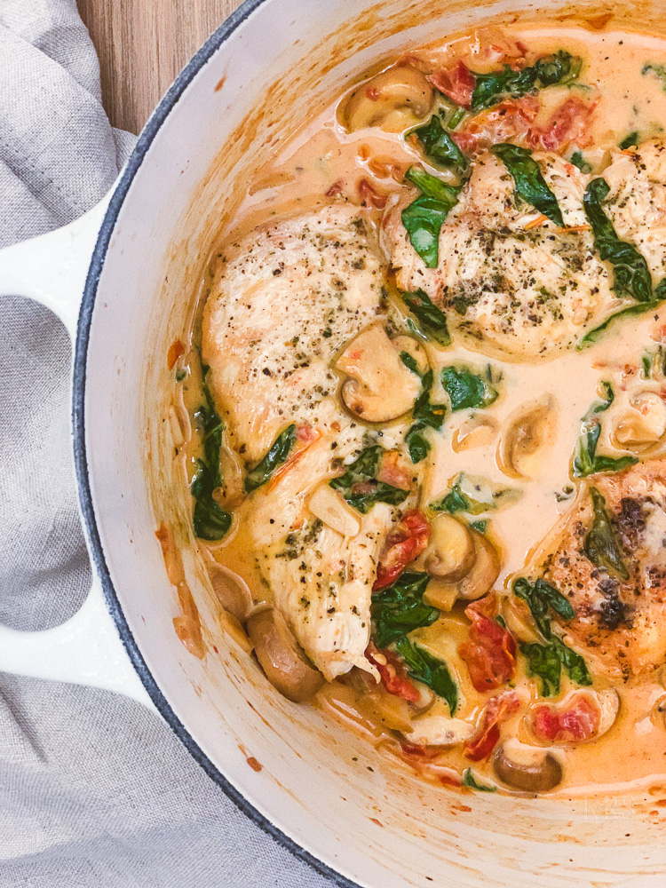 Creamy Tuscan Chicken One Pot Mushroom and Spinach Gluten free